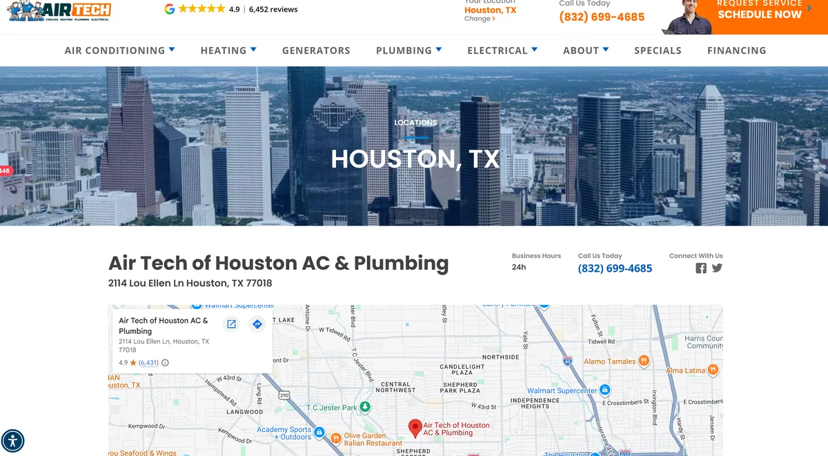Air Tech of Houston service-area page, showing the Houston skyline above the company name, street address and an embedded map of the Houston location.