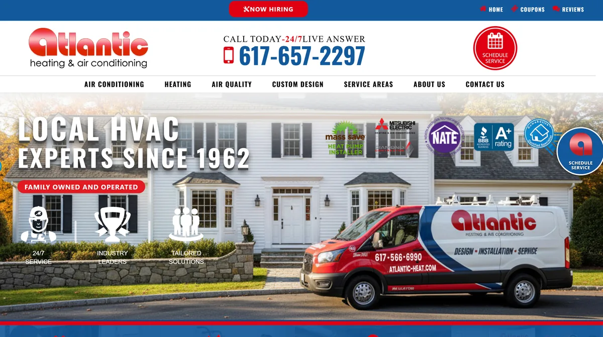 Atlantic Heating and Air Conditioning homepage, showing a branded service van outside a Boston area home with a 24/7 phone number, a schedule service button and NATE and BBB trust badges.