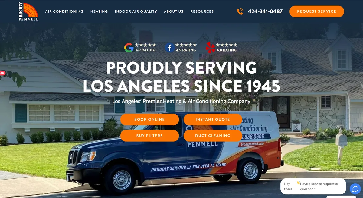 Brody Pennell Heating and Air Conditioning homepage, showing a branded service van outside a Los Angeles home with review ratings and four booking buttons.