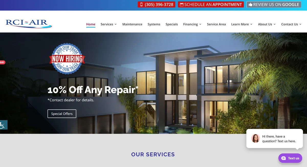 RCI Air Conditioning Company homepage, showing a Miami home at dusk with a phone number, appointment link and review link across the top bar.